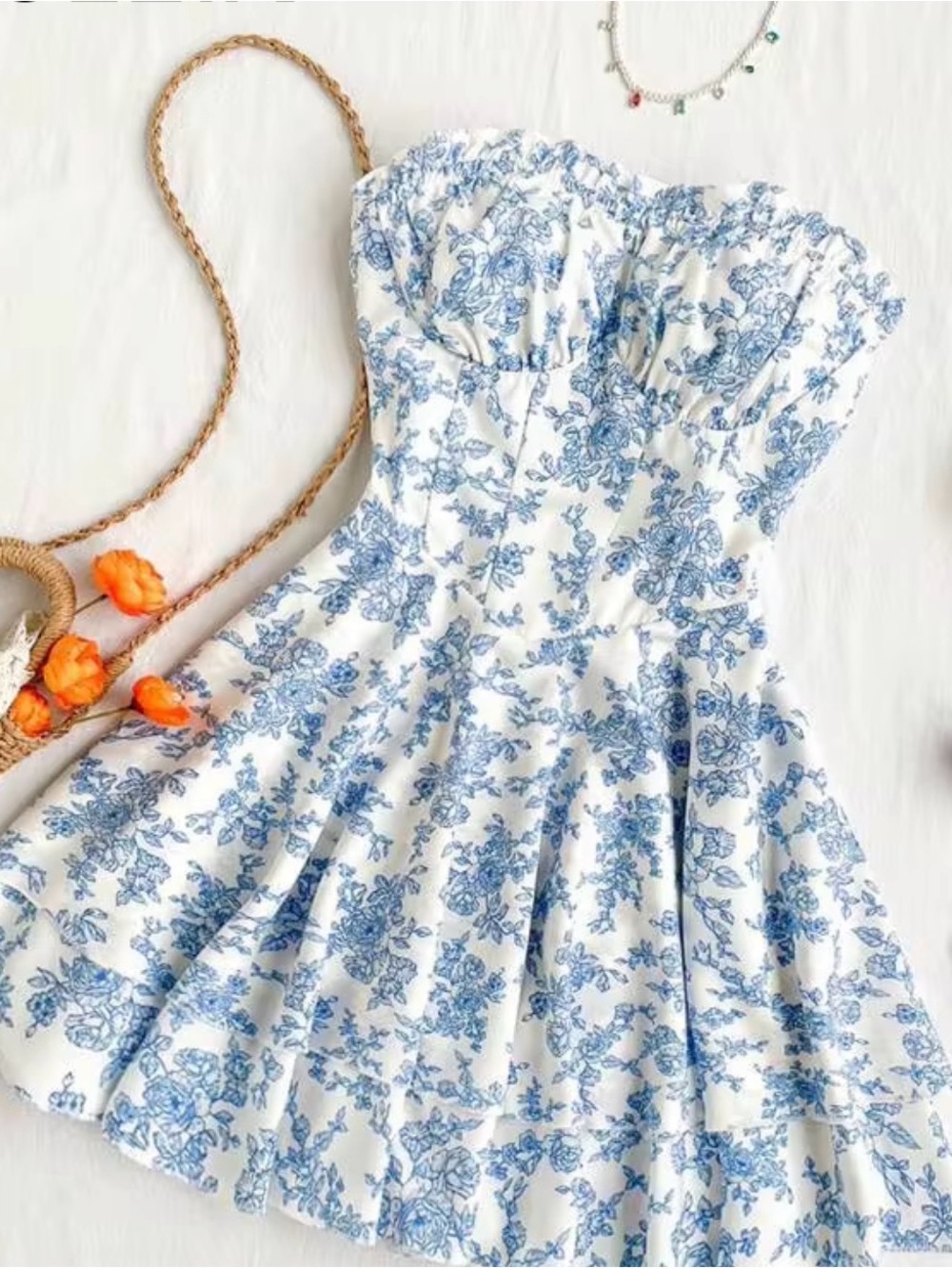 White Ditsy Floral Strapless Dress With Cinched Waist And Double Layer Dress - Picture 8 of 12